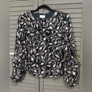 MELLODAY Black Ruffle with White & Taupe Feather Print Blouse Long Sleeve Small